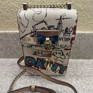 DKNY White Graffiti Crossbody with Gold Hardware and Tan Strap